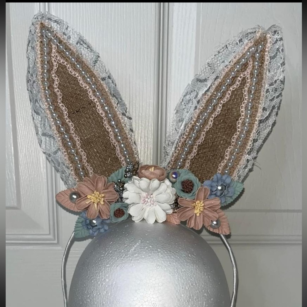 New Handmade Boutique Easter Bunny Ears Headband Boho Photo Prop Burlap Lace